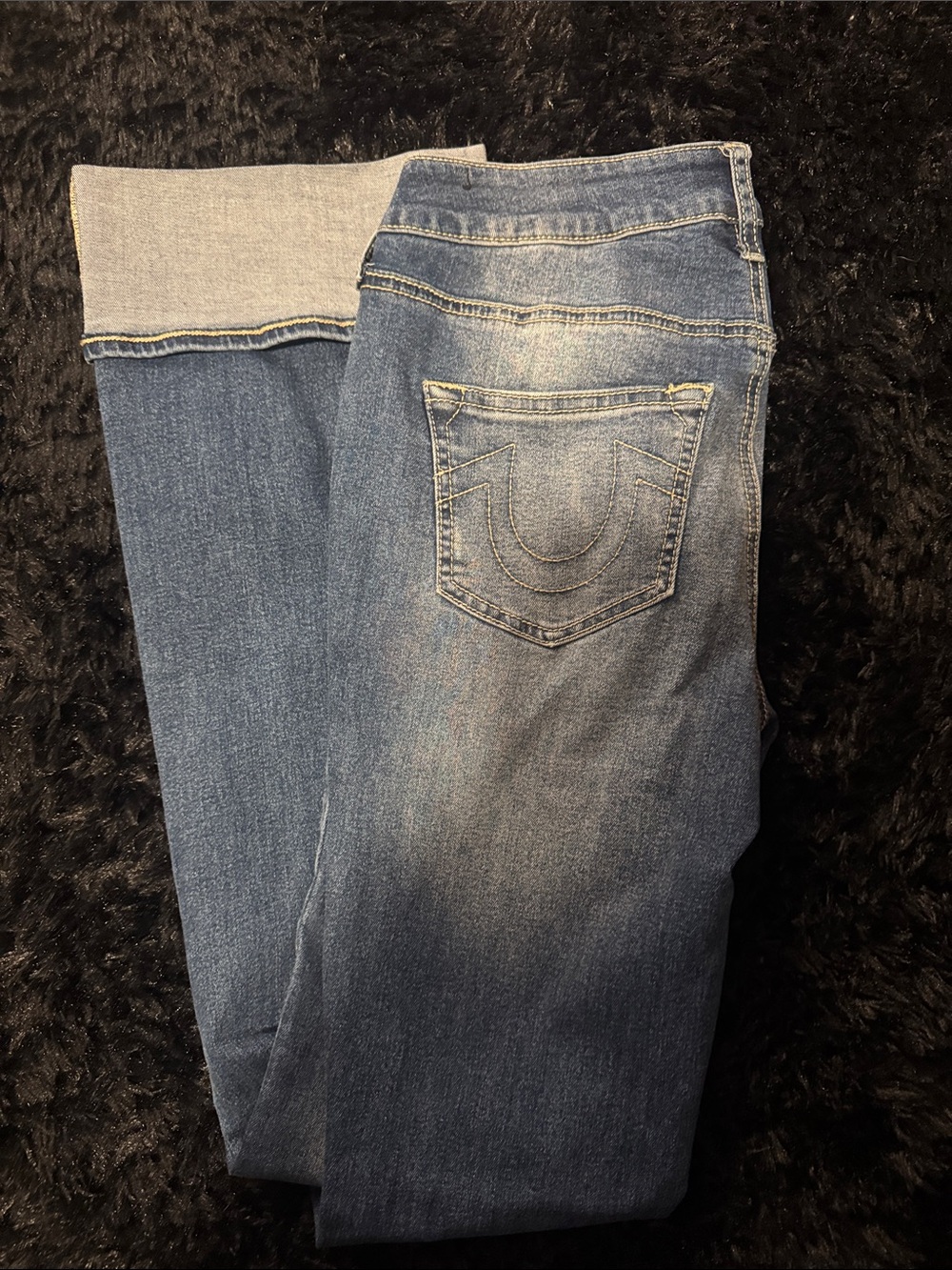 True Religion Women's Medium Blue Flare Jeans with Back Pocket Stitch
